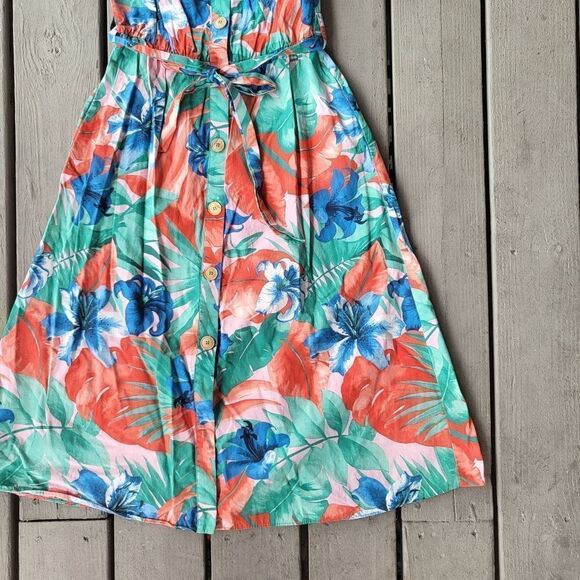 Zara Tropical Print Dress Off Shoulder Midi Length‎ A-line Green Orange Small - Picture 6 of 7